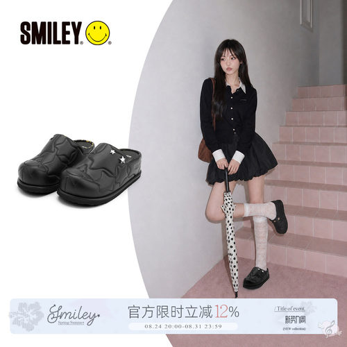 SMILEY笑脸黑色女小个子半拖鞋子