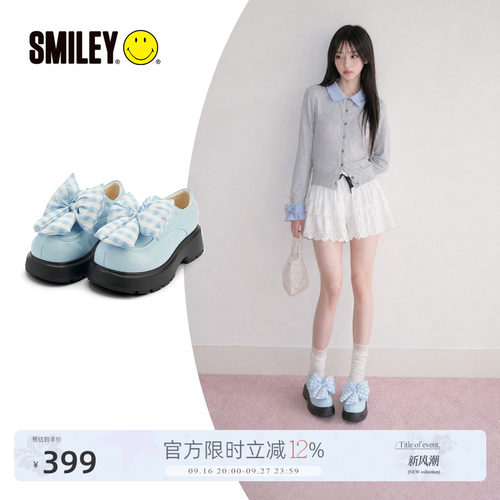 SMILEY笑脸格纹蝴蝶结蓝色德比鞋
