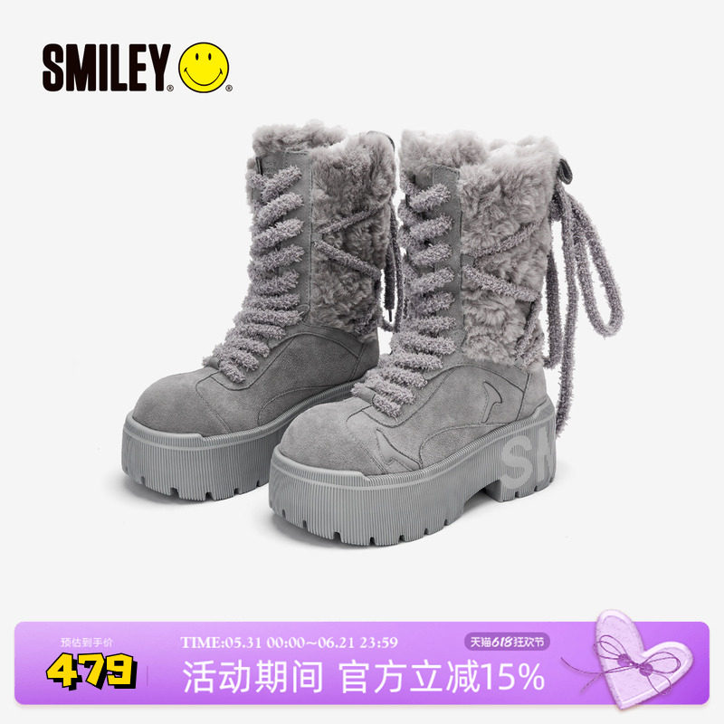 SMILEY笑脸长款绑带雪地靴灰冬保暖增高潮流女休闲大头厚底棉鞋子