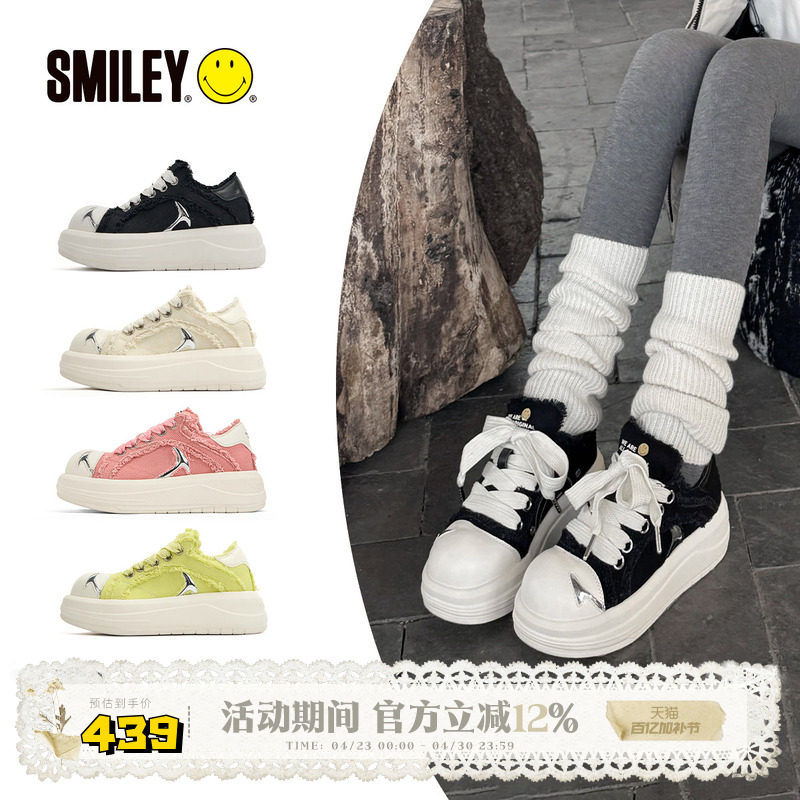 【张桂源同款】SMILEY笑脸白鲸黑大头鞋男女厚底帆布情侣休闲女鞋