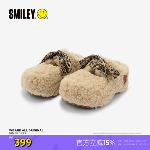 SMILEY笑脸新款米色豹纹鞋带毛毛高跟外穿玛丽珍一脚蹬包头拖鞋子