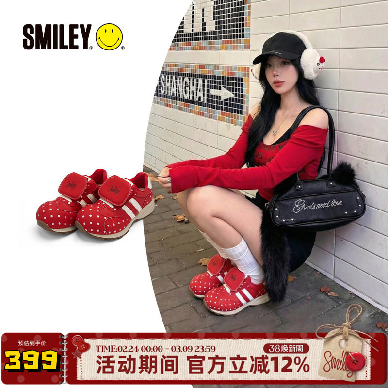 SMILEY笑脸蘑菇系列红色女丑萌波点翻盖圆头增高慢跑鞋复古休闲鞋