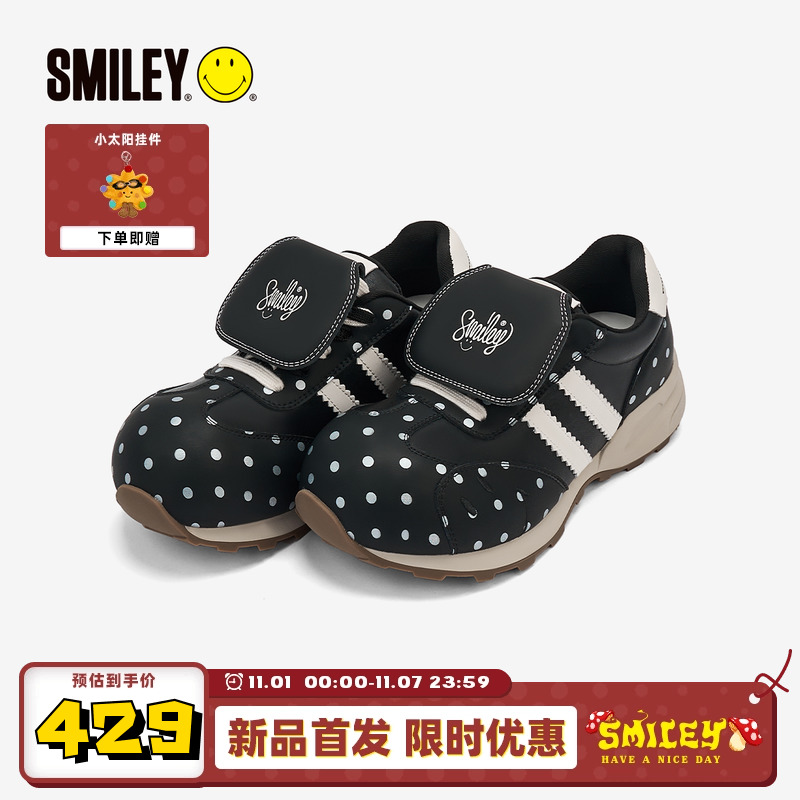 SMILEY笑脸蘑菇系列黑色女丑萌波点翻盖圆头增高慢跑鞋复古休闲鞋
