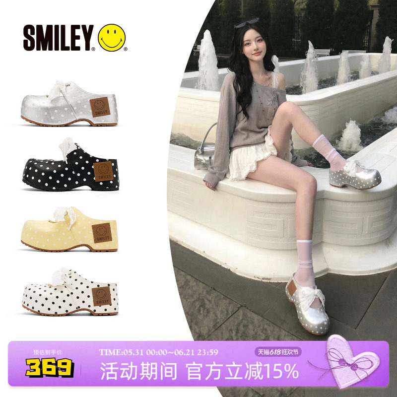 【鞠婧祎同款】SMILEY笑脸波点银色蕾丝玛丽珍厚底高跟增高半拖鞋