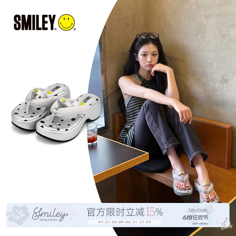 SMILEY笑脸银色夏季女款外穿人字夹趾沙滩辣妹波点厚底透气凉拖鞋