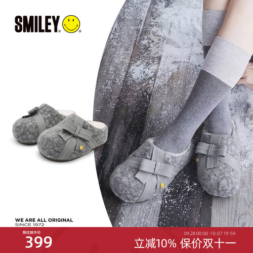 SMILEY笑脸灰冬季女蝴蝶结穆勒拖