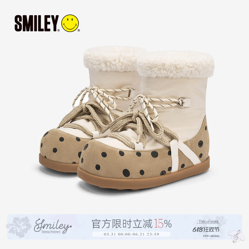 SMILEY笑脸小熊雪地靴卡其冬保暖女厚底增高加绒加厚中筒波点棉鞋
