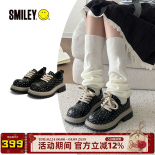 SMILEY笑脸黑色波点女小皮鞋德比鞋乐福鞋增高春季圆头学院风休闲
