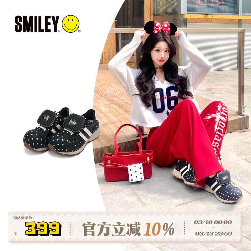 SMILEY笑脸蘑菇系列黑色女丑萌波点翻盖圆头增高慢跑鞋复古休闲鞋