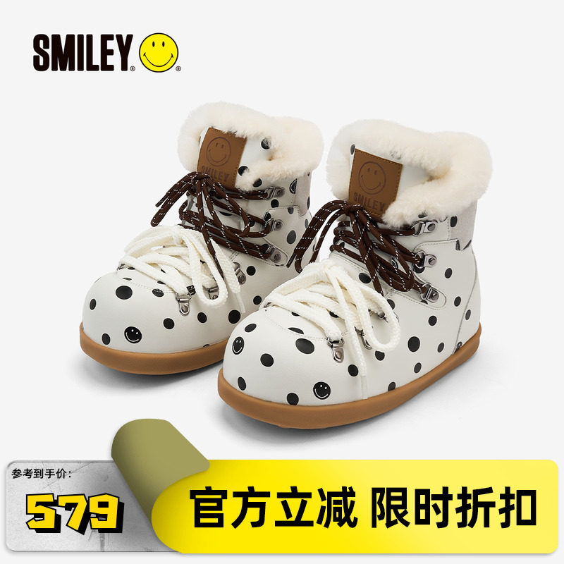 SMILEY笑脸圆头白色波点雪地靴子