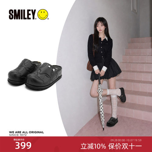 SMILEY笑脸黑色女小个子半拖鞋子