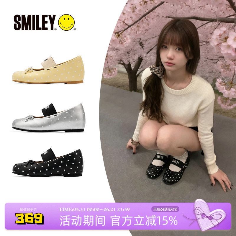 SMILEY笑脸波点增高苹果鞋头法式女蝴蝶结松紧带芭蕾风玛丽珍单鞋