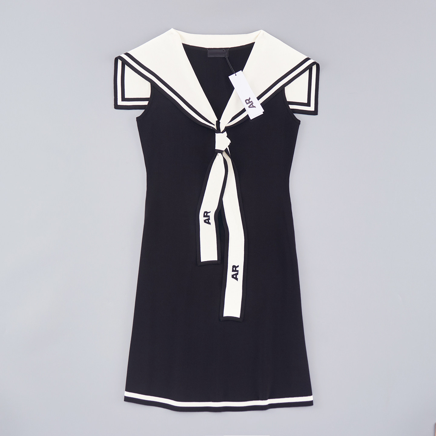 thumbnail for 2025 New Women's Preppy Style Color-Blocked Sailor Collar Letter Ribbon Slim-Fit Sleeveless Knit Dress