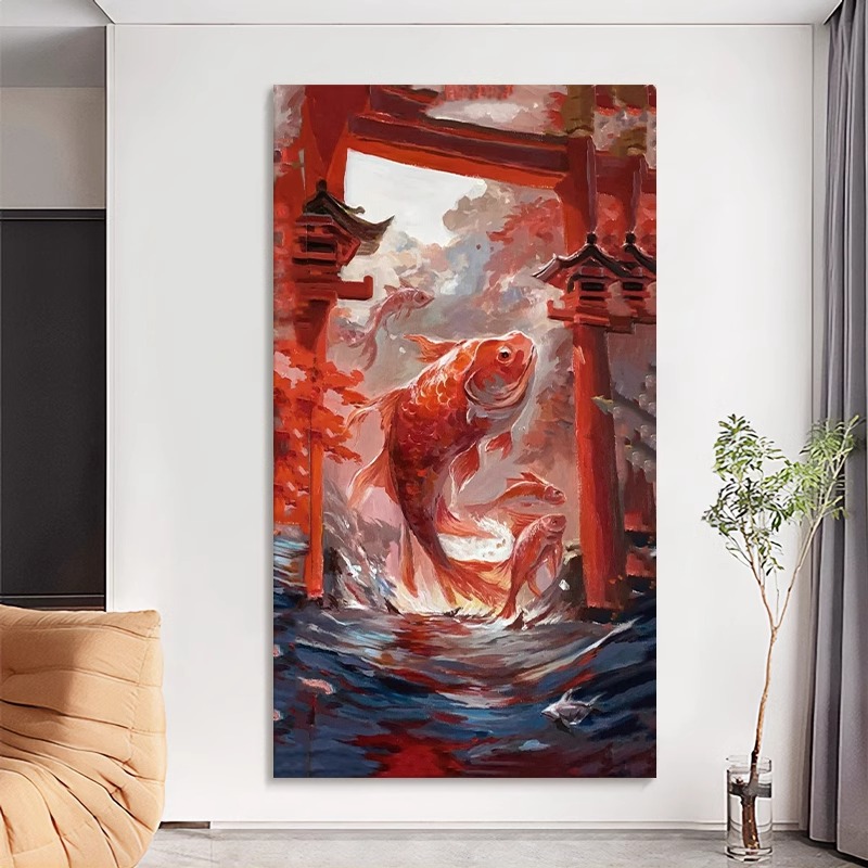 新中式吉祥好运红色锦鲤鱼跃龙门喷绘背景客厅装饰画动物玄关挂画图片