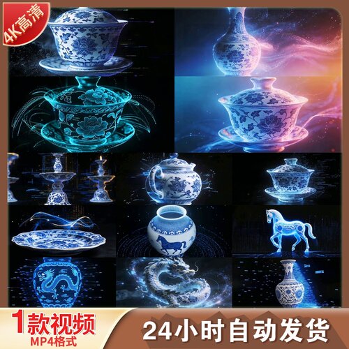 高清青花瓷梦幻粒子3D动画国潮科技感中国风全息陶瓷古风视频素材