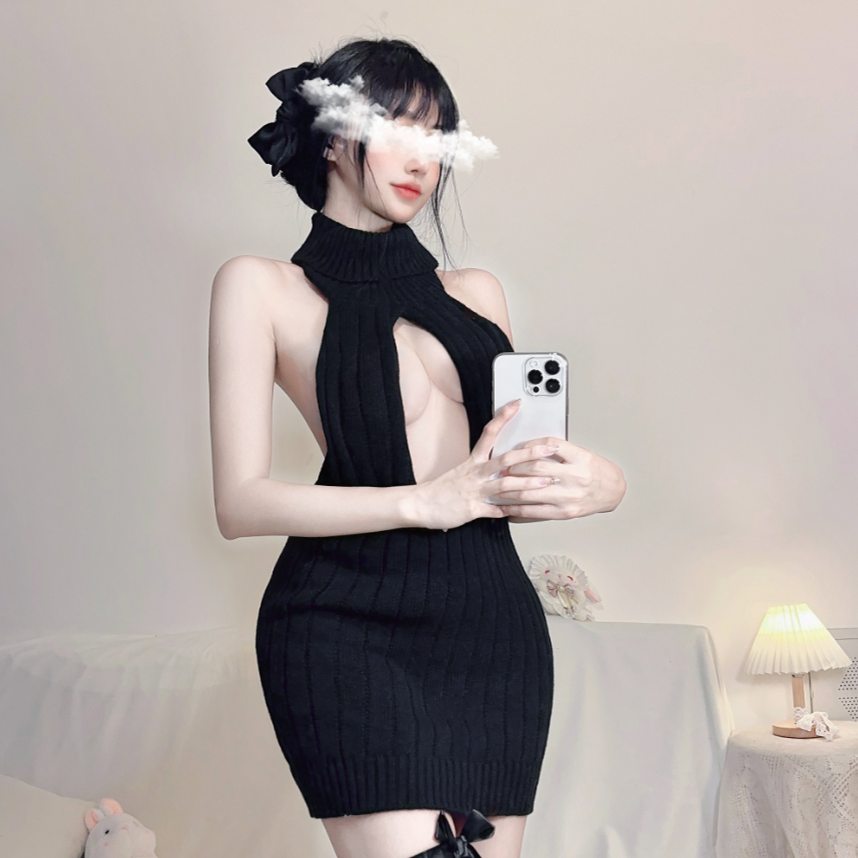 性感毛衣漏熊针织毛衣制服日系春秋季纯欲露背高领无袖衣cos居家