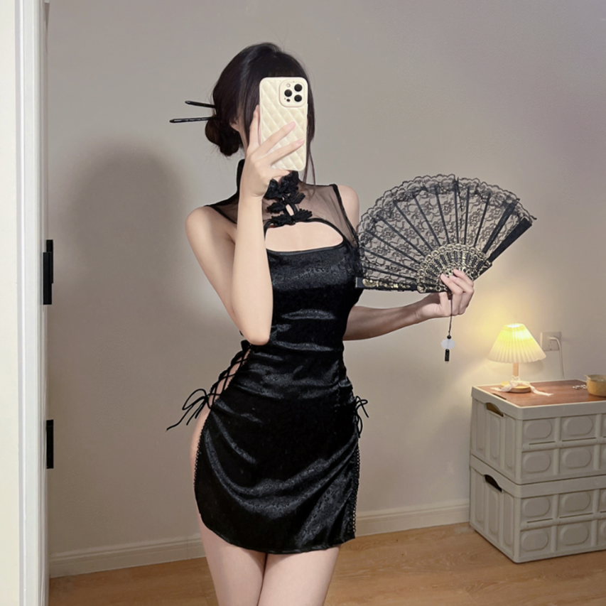 性感旗袍复古风睡裙制服cos中华娘微透修身侧开绑带居家直播套装