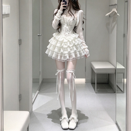 lolita白丝连裤袜女蝴蝶结绑带丝袜拼接洛丽塔蕾丝奶白纯欲芭蕾风
