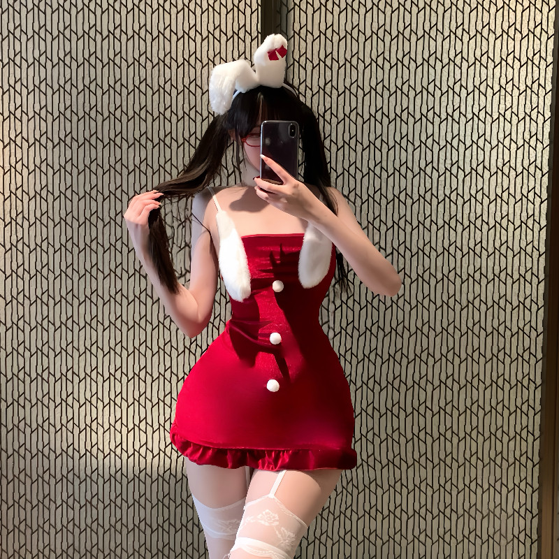 韩国绒抹胸包臀裙圣诞节COS毛绒兔女郎qqny约会袍居家睡衣直播服