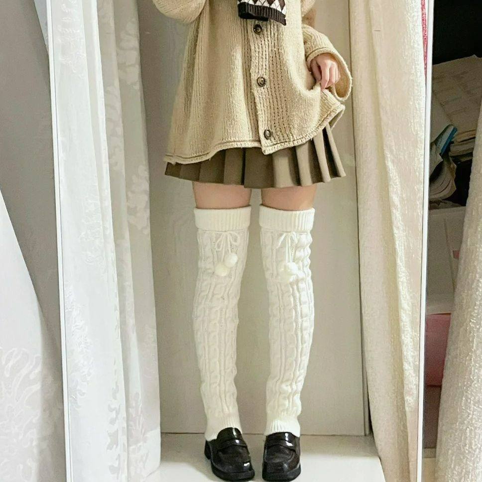加长袜套针织麻花秋冬保暖日系jk学院风白色高筒过膝腿套毛球堆堆,女士内衣/男士内衣/家居服,长筒袜,淘宝优惠券,粉丝福利购,淘宝优惠卷