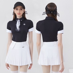 夏季高尔夫网球短袖女百褶裙羽毛球套装女韩版修身golf女装上衣女