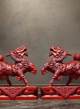 红花梨木雕瑞兽麒麟一对实木摆件家居客厅玄关办公桌面摆设工艺品