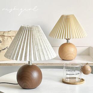 台灯卧室百褶覆古实木书房起夜夜灯温馨浪漫桌面装饰氛围感床头灯