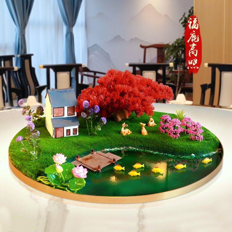 大圆餐桌中间摆花绿植大圆桌花包厢高档山水桌花大圆桌转盘酒店