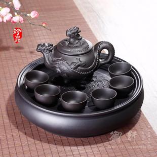 家用宜兴紫砂茶盘陶瓷茶杯整套泡茶简约圆形茶海茶壶 功夫茶具套装