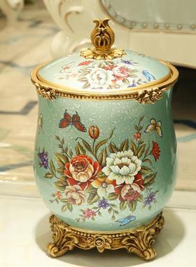 大号欧式复古客厅带盖垃圾桶家用创意装饰品收纳桶树脂工艺品摆件