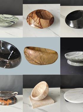 现代新中式侘寂风天然大理石鸟巢收纳碗碟摆件样板间客厅果盘装饰