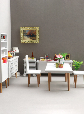 1:12娃娃屋dollhouse迷你家具餐厅微场景摆件白色现代桌椅柜子