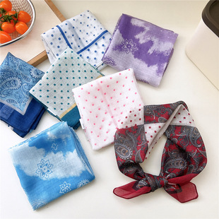 55秋天文艺复古波点小方巾装饰围脖围巾女时尚棉麻透气腰花发带