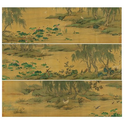 王渊莲池禽戏图卷宋元花鸟u画临摹范本中式装饰画艺术微喷绢布画