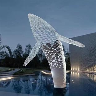 不锈钢镂空悬挂鲸鱼雕塑网格海豚景观空中吊饰金鱼艺术装置摆件