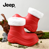 女款 2025新款 水鞋 JEEP雨鞋 加绒雨靴女冬防水小丑鞋 红色加厚雪地靴