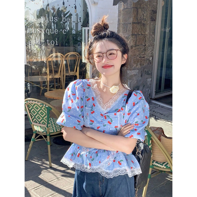 范雯雯 樱桃熟了 法式甜美少女复古宽松碎花衬衫夏季泡泡袖上衣