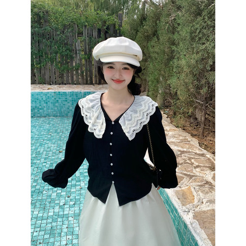 城堡甜心复古黑色甜美长袖衬衫