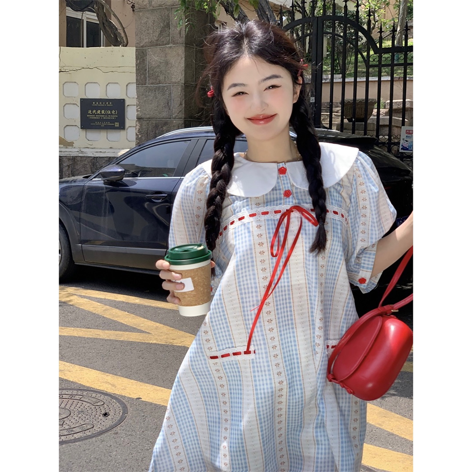 蓝屿信件泡泡袖连衣裙女春季图片