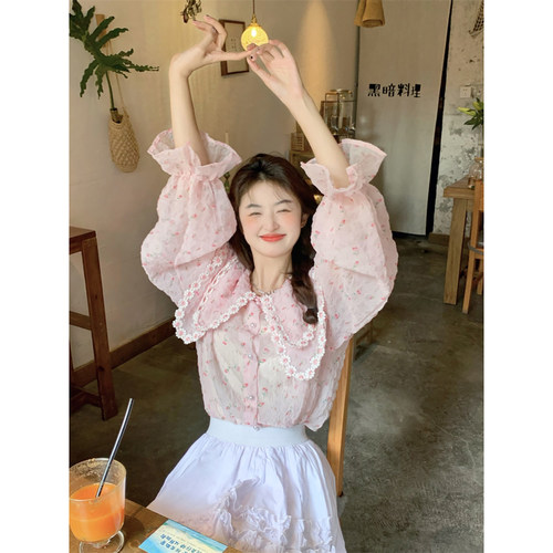 范雯雯 樱花番外 少女温柔学院宽松碎花衬衫夏季甜美泡泡袖上衣