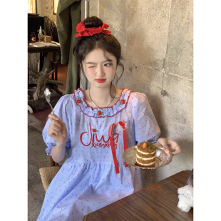 范雯雯 薄雾玫瑰 立体小花短袖连衣裙甜美系带波点夏季短裙子女
