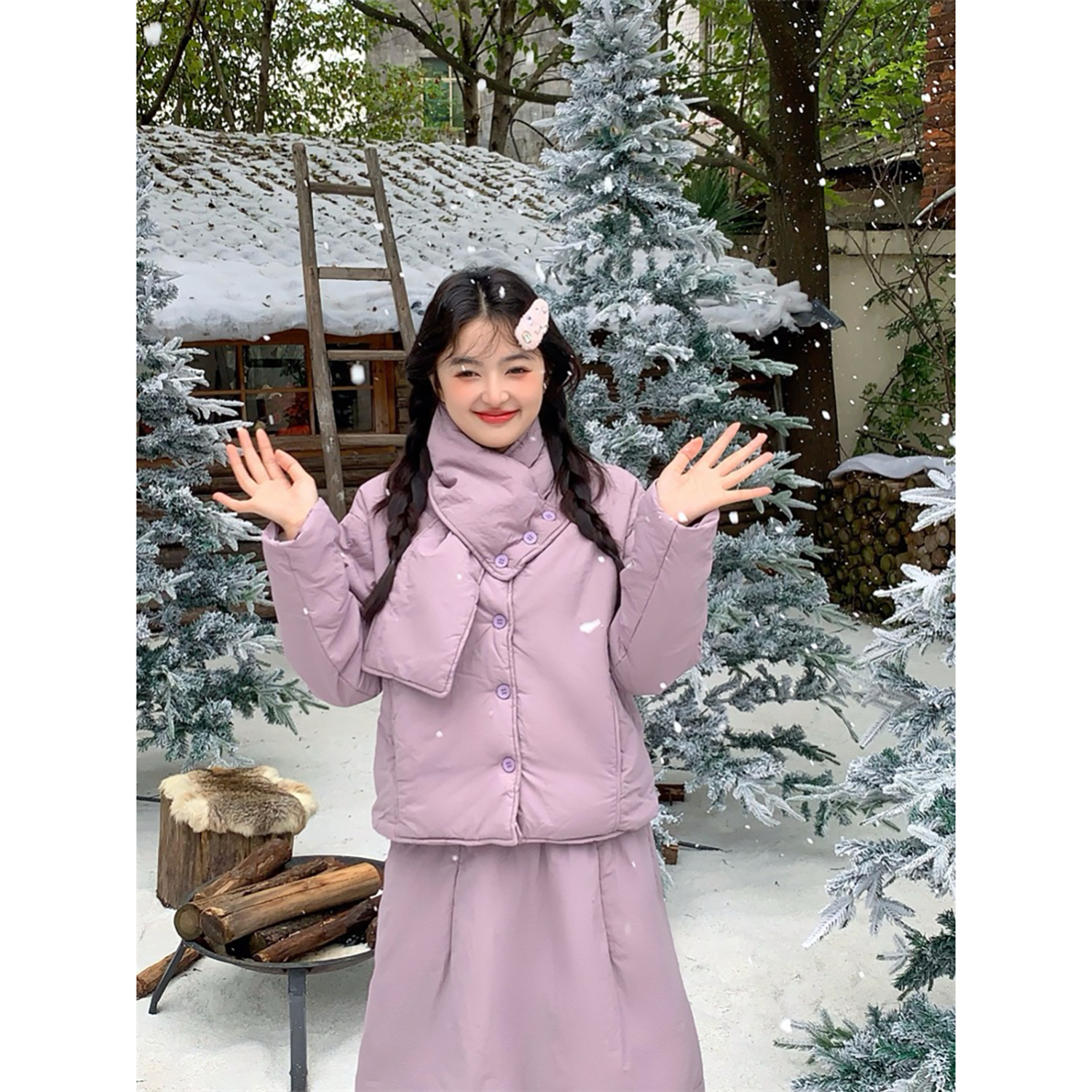 芋泥泡芙棉服半身裙送围脖套装