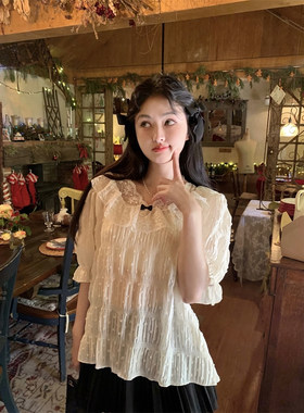 雾月白扎蕾丝泡泡袖衬衫女春季