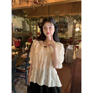 范雯雯 雾月白扎 法式公主蕾丝衬衫女春季薄款少女风泡泡袖上衣