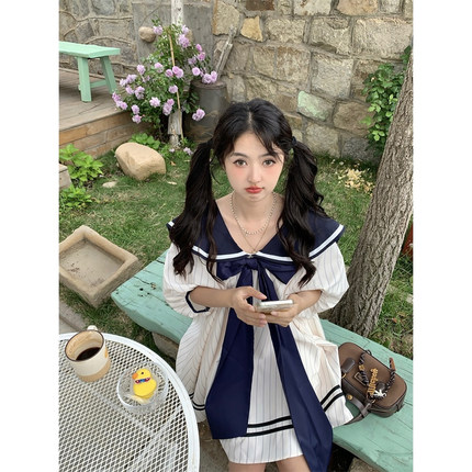 范雯雯 航海少女 法式海军领蝴蝶结连衣裙少女学院风宽松A字裙