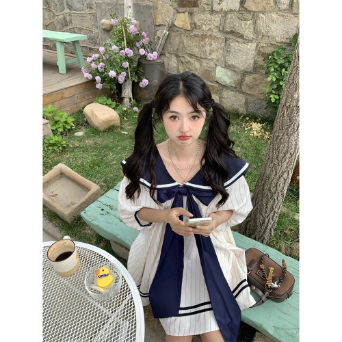 范雯雯 航海少女 法式海军领蝴蝶结连衣裙女宽松A字条纹裙子