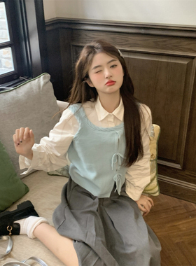 范雯雯初恋信号马甲前后两穿娃娃领系带衬衫两件套女秋甜美套装