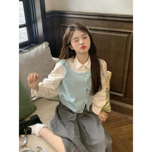 范雯雯初恋信号马甲前后两穿娃娃领系带衬衫两件套女春甜美套装