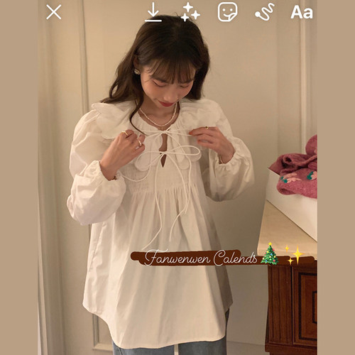 范雯雯 奶huhu的衬衫 韩版复古少女娃娃领甜美上衣春系带衬衣