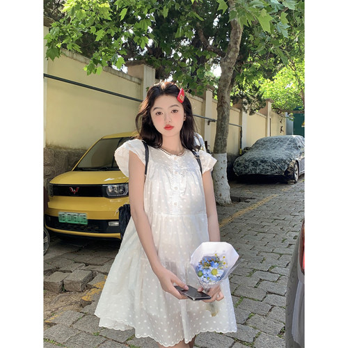 范雯雯 纯情初恋 波点飞飞袖A字连衣裙女夏季甜美法式薄款a字裙子